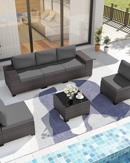 Patio Furniture Set Sofa 6-Piece Wicker PE Rattan Sectional Sofa Set, Outdoor Furniture Patio Conversation Set with Glass Coffee Table, Grey - LeafyLoom