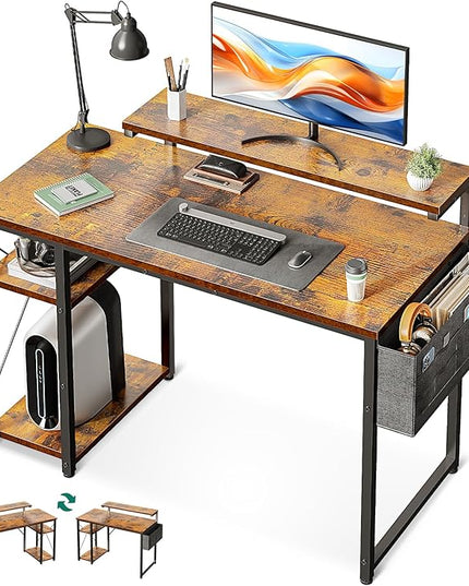 KKL 40 inch Small Computer Desk with Adjustable Monitor Stand, Home Office Desk & Workstation with Storage Shelves, Reversible Work Writing Study Table for Bedroom, Rustic Brown - LeafyLoom
