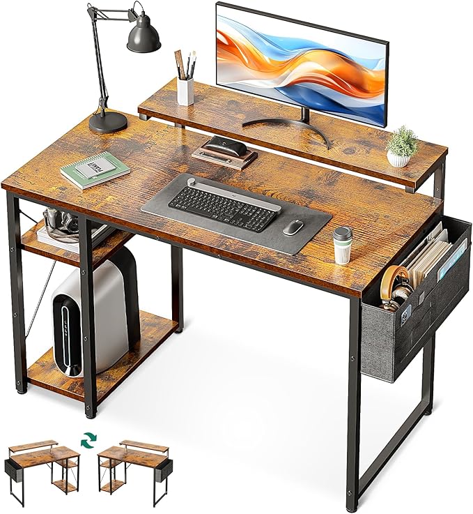 KKL 40 inch Small Computer Desk with Adjustable Monitor Stand, Home Office Desk & Workstation with Storage Shelves, Reversible Work Writing Study Table for Bedroom, Rustic Brown - LeafyLoom