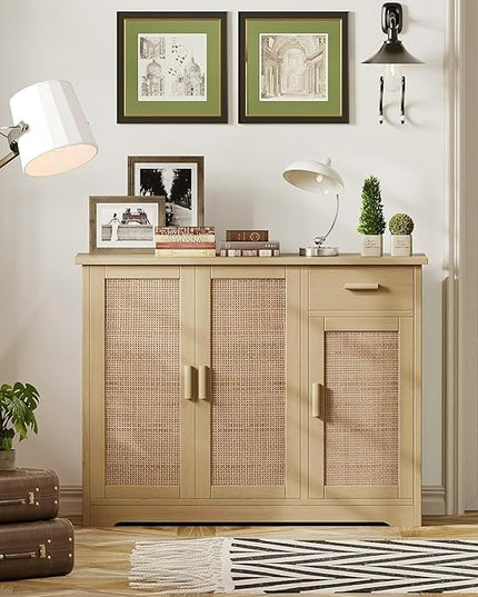 Irontar Kitchen Storage Cabinet, Sideboard Buffet Cabinet with Rattan Decorated Doors, Farmhouse Console Table with Drawer, Coffee Bar, Accent Table for Kitchen, Living Room, Hallway, Natural CWG010M - LeafyLoom