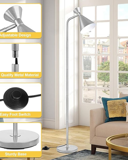 PARTPHONER Floor Lamp for Living Room, Modern Adjustable Metal Heads Standing Lamps, Simple Design Silver Floor Lamp with Foot Switch for Bedroom, Office, Kids Room, Reading, Working(Bulb Not Include) - LeafyLoom