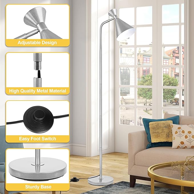 PARTPHONER Floor Lamp for Living Room, Modern Adjustable Metal Heads Standing Lamps, Simple Design Silver Floor Lamp with Foot Switch for Bedroom, Office, Kids Room, Reading, Working(Bulb Not Include) - LeafyLoom