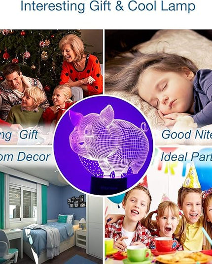 Pig 3D Lamp Toys for Girls Boys Room, Night Light Bedside Decor Gifts for Kids Baby, 7 Colors Changing Nightlight with Smart Control - LeafyLoom