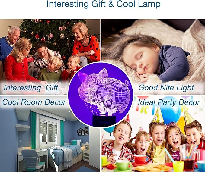 Pig 3D Lamp Toys for Girls Boys Room, Night Light Bedside Decor Gifts for Kids Baby, 7 Colors Changing Nightlight with Smart Control - LeafyLoom