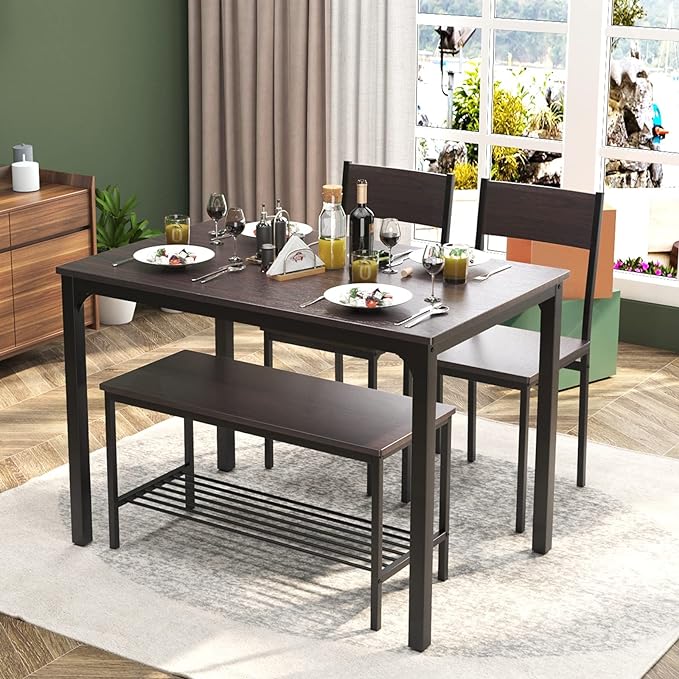 soges Dining Table Set for 4, 43.3 inch Kitchen Table set with Chairs and Bench, 4 Piece Dining Room Table Set for Small Space, Apartment, Restaurant, Rustic Oak - LeafyLoom