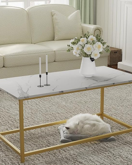 SAYGOER White Faux Marble Coffee Table Simple Modern Rectangular Coffee Tables Open Design Minimalist Center Table for Living Room Office, 39.37 x 19.69 x 17.72, White Gold - LeafyLoom
