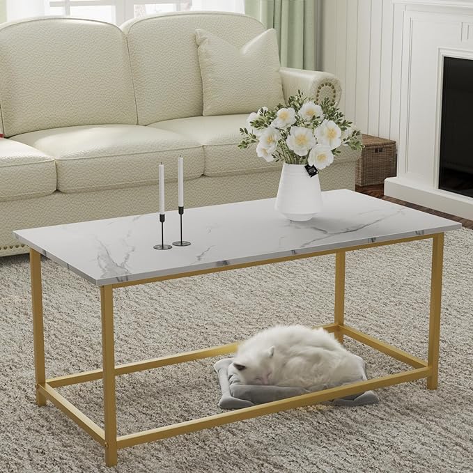 SAYGOER White Faux Marble Coffee Table Simple Modern Rectangular Coffee Tables Open Design Minimalist Center Table for Living Room Office, 39.37 x 19.69 x 17.72, White Gold - LeafyLoom