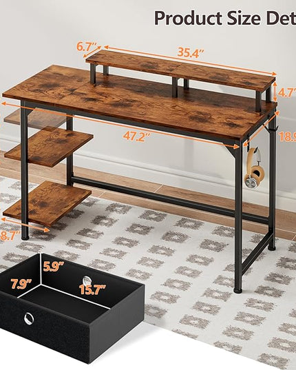 Furologee Computer Desk with Shelves and Fabric Drawer, 47" Home Office Gaming Desk with Monitor Stand, Reversible Study Writing Desk with Hooks, Rustic Brown - LeafyLoom