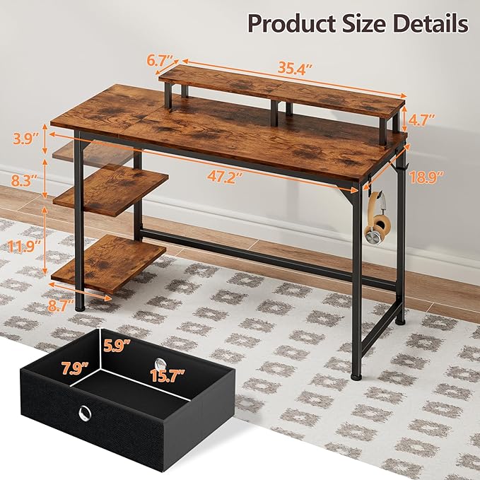 Furologee Computer Desk with Shelves and Fabric Drawer, 47" Home Office Gaming Desk with Monitor Stand, Reversible Study Writing Desk with Hooks, Rustic Brown - LeafyLoom