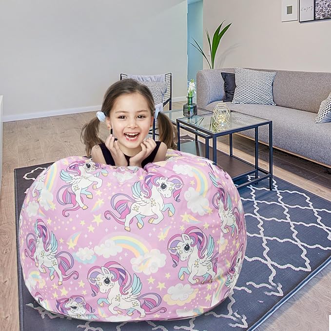 Stuffed Animal Storage Bean Bag Chair Cover, Hold Kids Plush Toys Blankets Towels Beanbag (Cover Only), Canvas Floor Circle Stuff Sit Seat Sofa with YKK Zipper, Extra Large 38", Unicorn - LeafyLoom