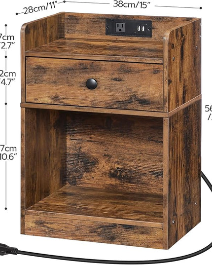 HOOBRO Nightstand with Charging Station, End Table with Drawer and Opening Shelf, Side Table with USB Ports and Outlets, Bedside Table for Bedroom, Small Night Stand, Rustic Brown FG18UBZ01 - LeafyLoom