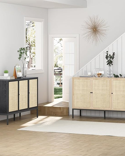 Brafab Rattan Cabinet Storage Sideboard Buffet Table Accent Console for Living Room Entryway Kitchen Dining Room 3 Doors Black - LeafyLoom