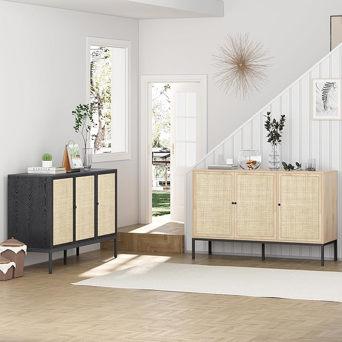 Brafab Rattan Cabinet Storage Sideboard Buffet Table Accent Console for Living Room Entryway Kitchen Dining Room 3 Doors Black - LeafyLoom