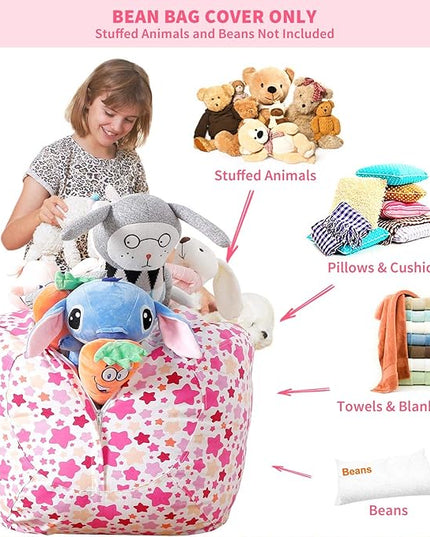 Aubliss Stuffed Animal Bean Bag Storage Chair (Pink Star, Large (38'')) - LeafyLoom