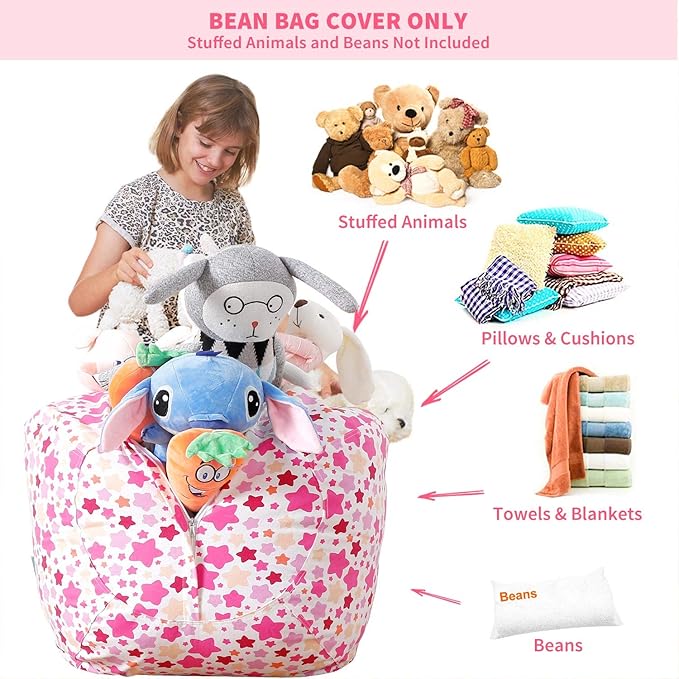Aubliss Stuffed Animal Bean Bag Storage Chair (Pink Star, Large (38'')) - LeafyLoom