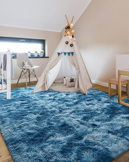 6x9 Large Area Rugs for Living Room, Super Soft Fluffy Modern Bedroom Rug, Tie-Dyed Dark Blue Indoor Shag Fuzzy Carpets for Girls Kids Nursery Room Home Decor - LeafyLoom