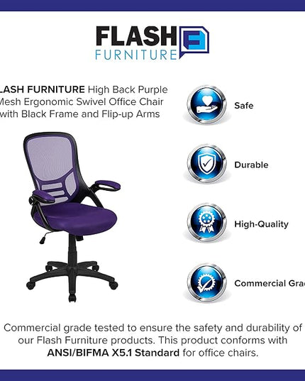 Flash Furniture Porter High-Back Swivel Office Chair with Adjustable Lumbar Support and Seat Height, Ergonomic Mesh Desk Chair with Flip-Up Armrests, Purple/Black - LeafyLoom