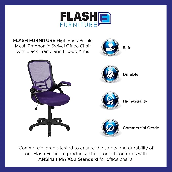 Flash Furniture Porter High-Back Swivel Office Chair with Adjustable Lumbar Support and Seat Height, Ergonomic Mesh Desk Chair with Flip-Up Armrests, Purple/Black - LeafyLoom