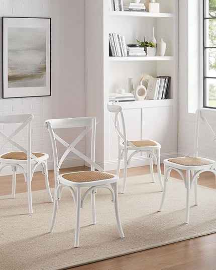 Modway Gear Rustic Modern Farmhouse Elm Wood Rattan Four Dining Chairs in White - LeafyLoom