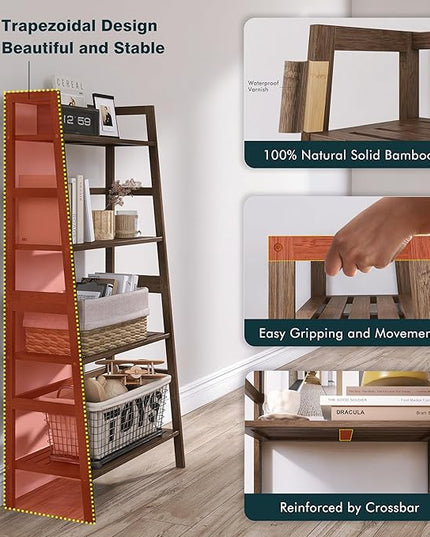 Ladder Bookcase, 4-Tier Leaning Bookshelf, Freestanding Open Display Storage Rack Shelf, Small Flower Plant Stand, Space Saving Bamboo Book Shelf, Walnut - LeafyLoom