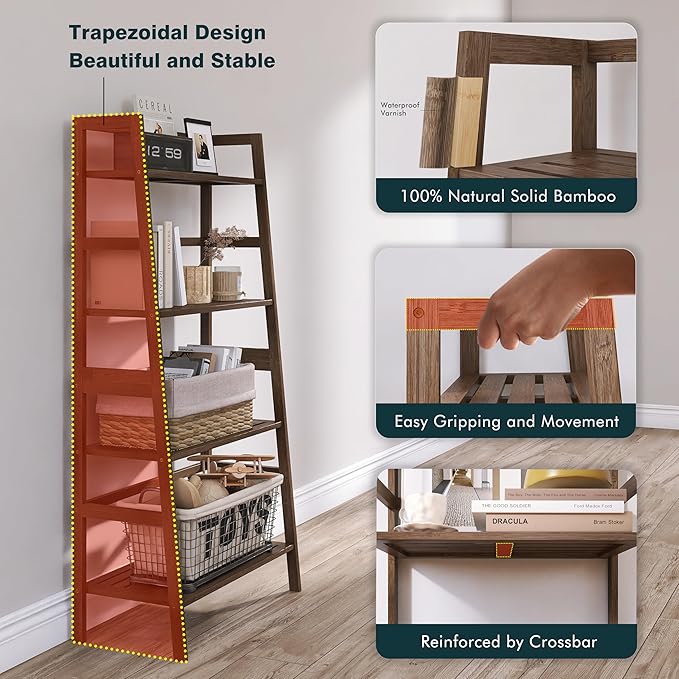Ladder Bookcase, 4-Tier Leaning Bookshelf, Freestanding Open Display Storage Rack Shelf, Small Flower Plant Stand, Space Saving Bamboo Book Shelf, Walnut - LeafyLoom
