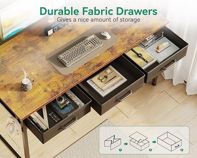 AODK 54 Inch Computer Desk with 3 Fabric Drawers, Office Desk with USB/Type-C Charging Ports & Power Outlets, Vanity Desk with Iron Hook for Bedroom, Study/Writing/Work Table for Bedroom, Vintage - LeafyLoom