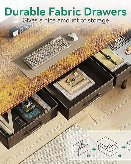 AODK 48 Inch Computer Desk with 3 Fabric Drawers, Office Desk with USB/Type-C Charging Ports & Power Outlets, Vanity Desk with Iron Hook for Bedroom, Study/Writing/Work Table for Bedroom,Vintage - LeafyLoom