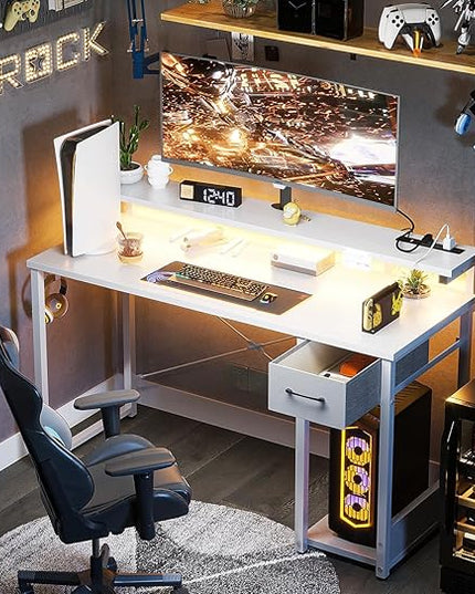 AODK Gaming Desk with LED Lights & Power Outlet, 48 Inch Computer Desk with Drawer, Reversible Desk with Adjustable Monitor Shelf & Headphone Hook for Home Office, White - LeafyLoom