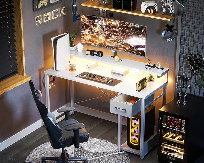 AODK Gaming Desk with LED Lights & Power Outlet, 48 Inch Computer Desk with Drawer, Reversible Desk with Adjustable Monitor Shelf & Headphone Hook for Home Office, White - LeafyLoom