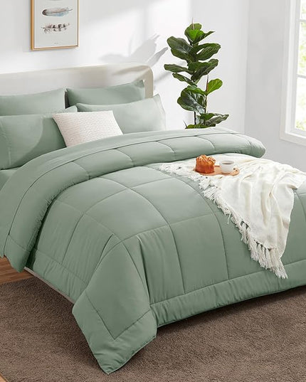 CozyLux King Size Comforter Sets - 7 Pieces Bed in a Bag Set Sage Green, Bedding Sets King with All Season Quilted Comforter, Flat Sheet, Fitted Sheet, Pillowcases, Sage Green, King - LeafyLoom