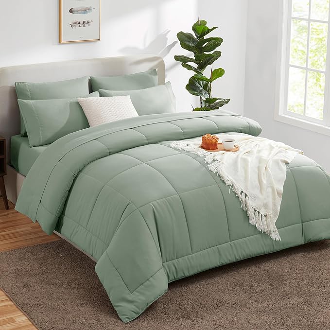 CozyLux King Size Comforter Sets - 7 Pieces Bed in a Bag Set Sage Green, Bedding Sets King with All Season Quilted Comforter, Flat Sheet, Fitted Sheet, Pillowcases, Sage Green, King - LeafyLoom