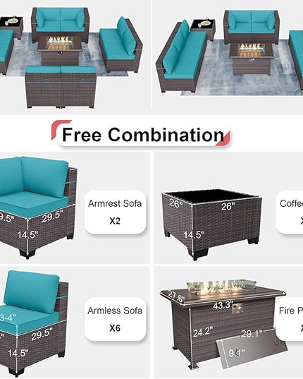 Patio Furniture Sectional Sofa Set 10-Pieces PE Rattan Patio Conversation Set w/43in Gas Fire Pit Table, Outdoor Furniture with 55000 BTU Propane Fire Pit, Blue - LeafyLoom