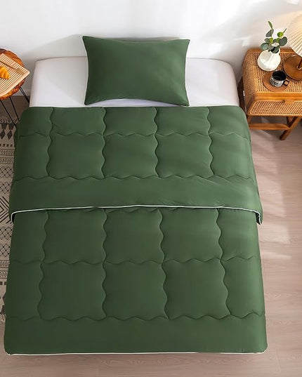 COTTEBED 2 Pieces Ultra-Soft Olive Green Twin XL Bedding Comforter Set, Twin Size Jersey Knit T-Shirt Feel Cozy Cute Lightweight Quilt Blanket for Kid Teens School College Dorm All Season Use 68"x92" - LeafyLoom