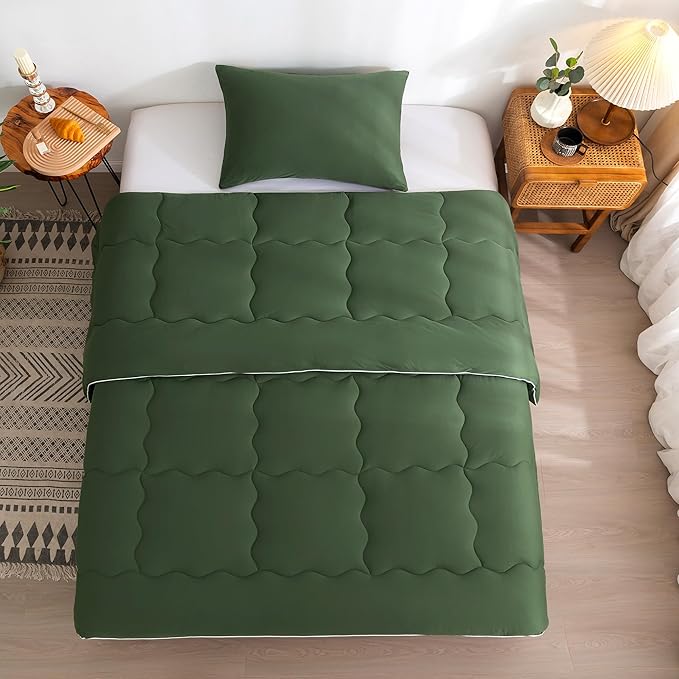 COTTEBED 2 Pieces Ultra-Soft Olive Green Twin XL Bedding Comforter Set, Twin Size Jersey Knit T-Shirt Feel Cozy Cute Lightweight Quilt Blanket for Kid Teens School College Dorm All Season Use 68"x92" - LeafyLoom