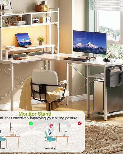 Small L Shaped Desk Gaming Desk with Power Outlets, 48" Reversible L Shaped LED Computer Desk with Monitor Stand & Storage Shelf, Corner Gamer Desk Home Office Desk with Storage Bag, White - LeafyLoom
