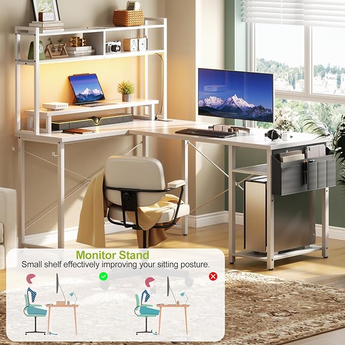 Small L Shaped Desk Gaming Desk with Power Outlets, 48" Reversible L Shaped LED Computer Desk with Monitor Stand & Storage Shelf, Corner Gamer Desk Home Office Desk with Storage Bag, White - LeafyLoom