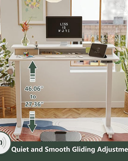 FEZIBO 55 x 24 Inch Height Adjustable Electric Standing Desk with Double Drawer, Stand Up Desk with Storage Shelf, Sit Stand Desk, White - LeafyLoom