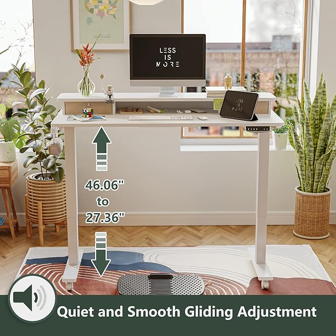 FEZIBO 55 x 24 Inch Height Adjustable Electric Standing Desk with Double Drawer, Stand Up Desk with Storage Shelf, Sit Stand Desk, White - LeafyLoom