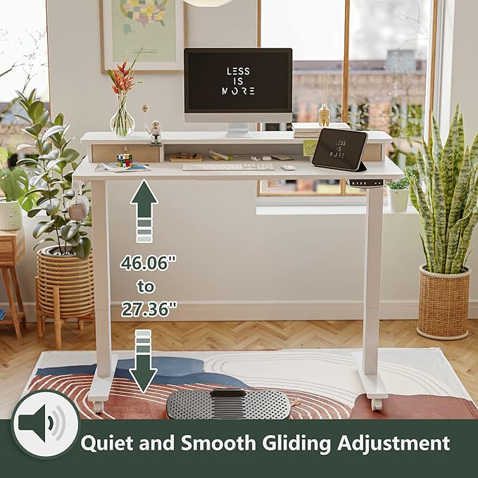 FEZIBO 40 x 24 Inch Height Adjustable Electric Standing Desk with Double Drawer, Stand Up Desk with Storage Shelf, Sit Stand Desk, White - LeafyLoom