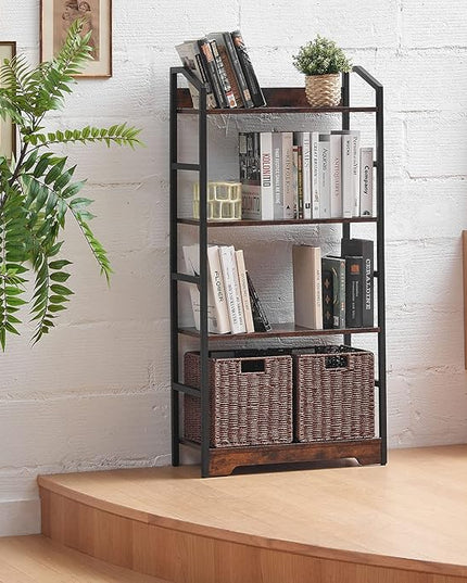 Vagusicc 4 Tier Bookshelf with 2 Storage Baskets, Tall Bookcase Shelf Storage Organizer Wood Book Shelf, Modern Shelf Rack Shelves with Steel Frame, Multipurpose Bookshelf for Bedroom Living Room - LeafyLoom
