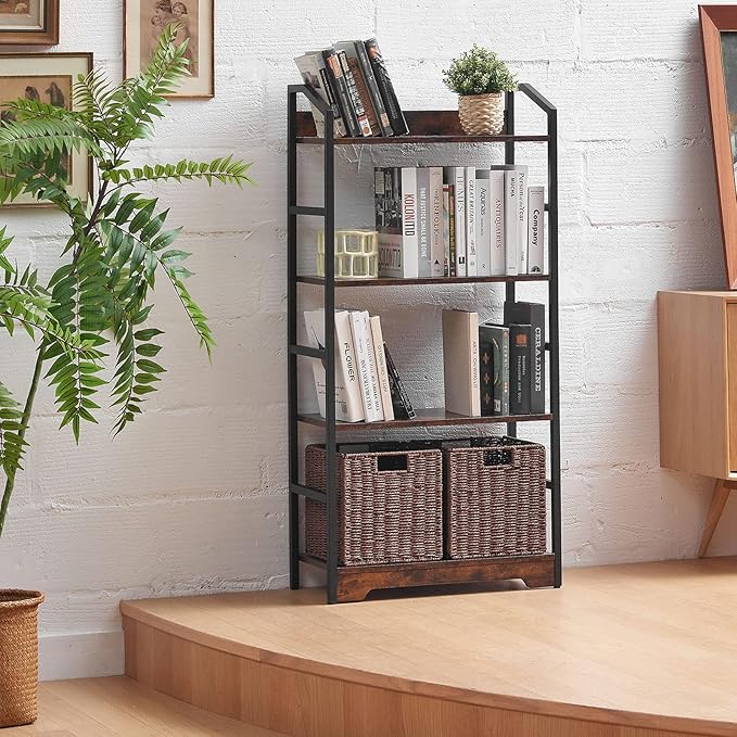 Vagusicc 4 Tier Bookshelf with 2 Storage Baskets, Tall Bookcase Shelf Storage Organizer Wood Book Shelf, Modern Shelf Rack Shelves with Steel Frame, Multipurpose Bookshelf for Bedroom Living Room - LeafyLoom