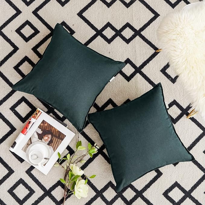 Jeanerlor Pack of 2 24 x 24 Inch Cotton Linen Soft Soild Decorative Square Throw Pillow Covers Green Cushion Case Set for Bedroom/Sofa/Car 60 x 60 cm, Dark Green - LeafyLoom
