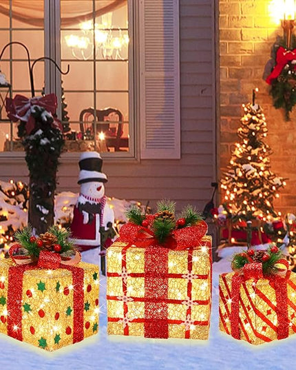 [Large 9.5"x8"x6.5" Christmas Set of 3 Lighted Gift Boxes Decorations Pre-lit 70 Super-Bright LED with Flashers,for Indoor Outdoor Christmas Tree Skirt Ornament Pathway Holiday Party Home GLOWNOVA