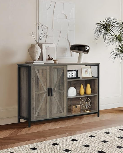WEENFON Floor Storage Cabinet, Buffet Storage Cabinet with 2 Barn Doors, Industrial Sideboard with Adjustable Shelves, Buffet Table for Dining Room, Living Room, Kitchen, Rustic Oak - LeafyLoom