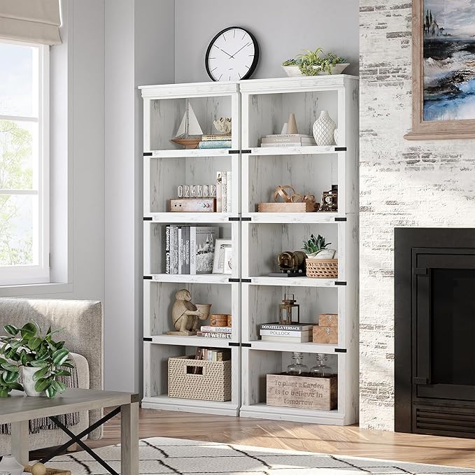 GAOMON 5 Tier Bookcase, Farmhouse Book Shelf with Storage, 67.4 Inch Tall Open Display Bookshelves, Wooden 5 Shelf Bookcase for Living Room, Bedroom-White - LeafyLoom