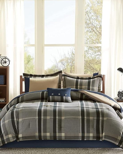 Intelligent Design Robbie Cozy Comforter Set Bed in A Bag, Modern Casual All Season Bedding Set, Matching Sham, Decorative Pillow, Navy/Tan, Queen, 9 Piece - LeafyLoom