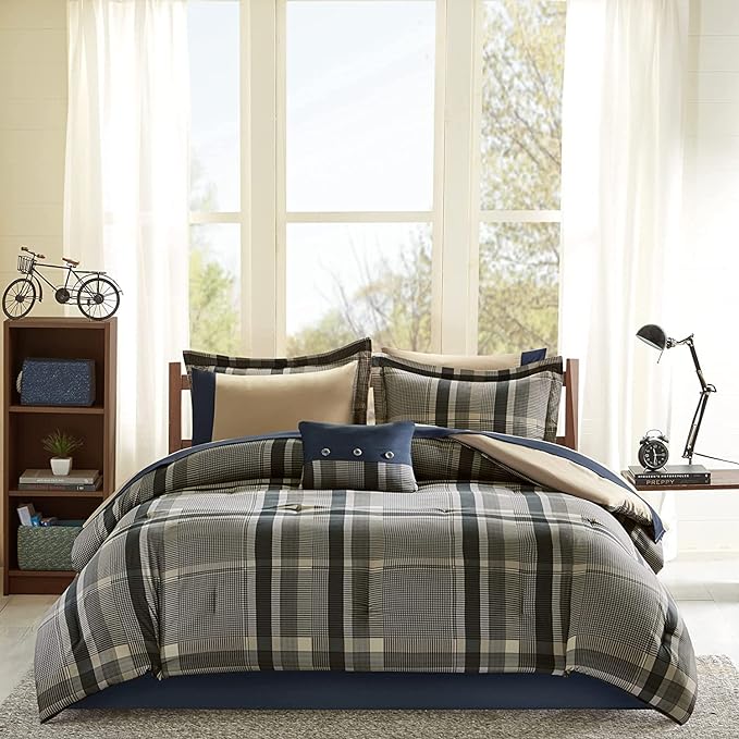 Intelligent Design Robbie Cozy Comforter Set Bed in A Bag, Modern Casual All Season Bedding Set, Matching Sham, Decorative Pillow, Navy/Tan, Full, 9 Piece - LeafyLoom