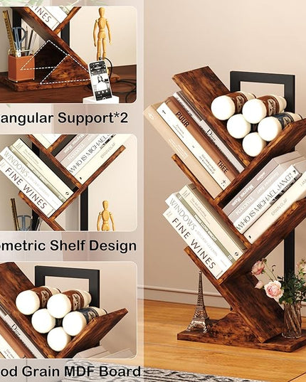 Yusong Tree Bookshelf, 5-Tier Small Bookcase with Metal Frame, Geometric Floor Standing Books Shelves Wooden Shelf for Office Desk Bedroom Tabletop Living Room Rustic Brown - LeafyLoom