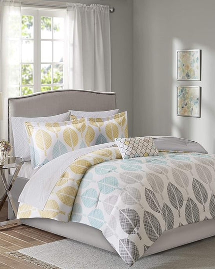 Madison Park Essentials Bed in a Bag Comforter, Vibrant Color Design All Season Down Alternative Cover with Complete Cotton Sheet Set, King(104"x92"), Central Park, Leaf Yellow/Aqua - LeafyLoom