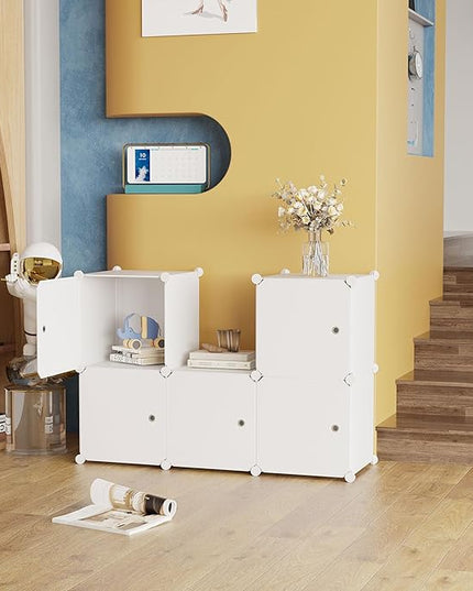 C&AHOME Cube Storage Organizer with Doors, 6-Cube Shelves, Closet Cabinet, DIY Plastic Modular Bookshelf Ideal for Bedroom, Living Room, 36.6”L x 12.4”W x 36.6”H Milky USHS3006M-DOOR - LeafyLoom